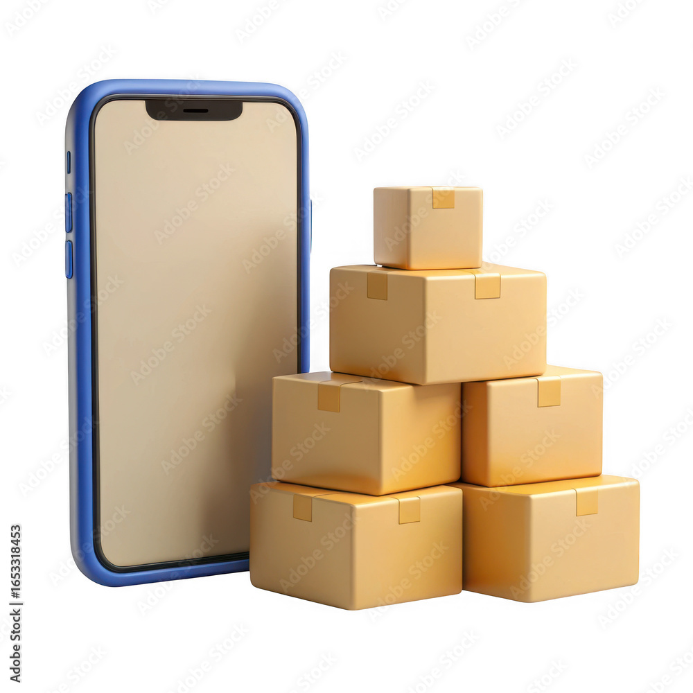 Poster 3d smartphone and stacked shipping boxes isolated on transparent background