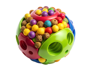 Colorful interactive treat dispensing ball toy for pets, isolated on transparent background