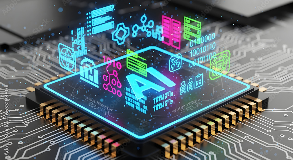 Fototapete close-up of a computer chip with glowing ai lettering and digital icons hovering above, representing
