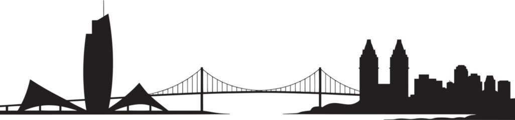 Detailed Silhouette of a Coastal Cityscape with Bridge, Buildings, and Modern Architecture