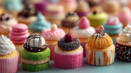 Variety of colorful cupcakes displayed on a table creating a sweet and delicious confectionery presentation