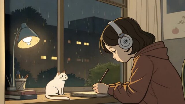 Anime girl studying at desk with headphones and cat on rainy night outside window with city