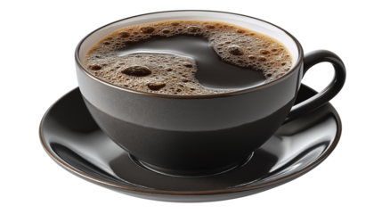 Cup of black coffee with realistic foam, isolated on white background