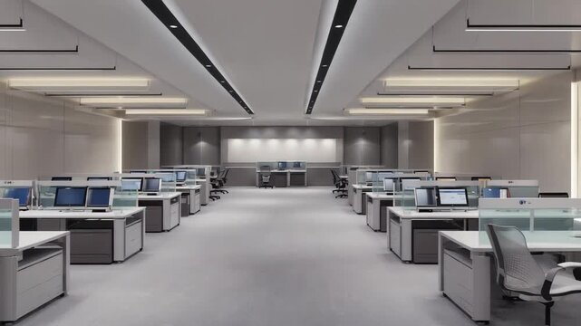 Modern Open Plan Office Interior With Rows Of Computer Workstations And Sleek Lighting