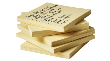 Stack of sticky notes with handwritten to-do list, isolated PNG