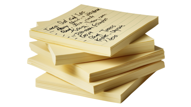 Stack of sticky notes with handwritten to-do list, isolated PNG