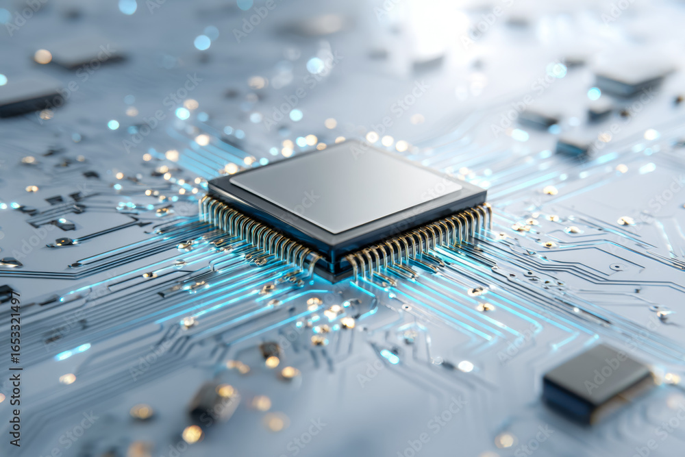Poster advanced computer chip integrated with electronic circuits on a motherboard