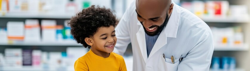 Obraz premium Smiling Pharmacist Helping a Child at Pharmacy Counter, healthcare , medicine