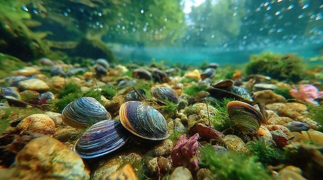 Freshwater mussels filter water in riverbeds, playing a crucial role in improving aquatic ecosystem health and supporting biodiversity.