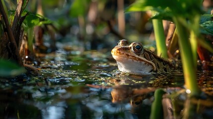 Frog habitats in wetlands, forests, or ponds, showing amphibians camouflaged or active, great for environmental and educational content