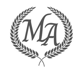 Initial letter M and A, MA monogram logo design with laurel wreath. Luxury calligraphy font.