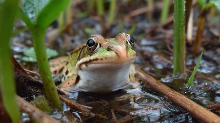 Frog habitats in wetlands, ponds, or forests with amphibians resting or leaping, perfect for environmental and biodiversity stock content