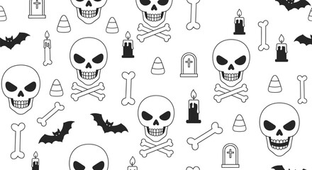 Halloween pattern background with skulls bats and candy corn