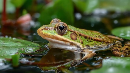Frog habitats in wetlands, ponds, or forests with amphibians resting or leaping, perfect for environmental and biodiversity stock content