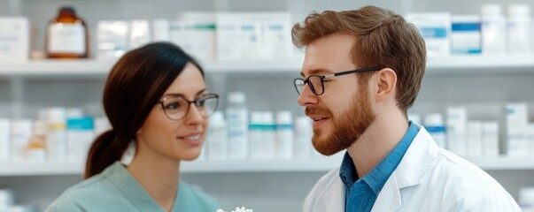 Obraz premium Two Pharmacists Discussing Pills in Pharmacy, medicine, healthcare