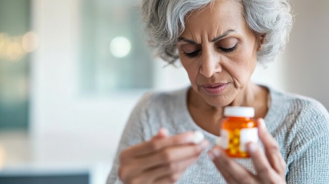 Worried Senior Woman Examining Medication,Healthcare ,Pills - Powered by Adobe
