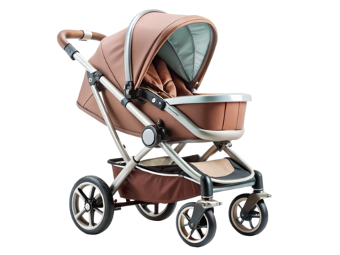 A modern brown baby stroller isolated on transparent background - Powered by Adobe