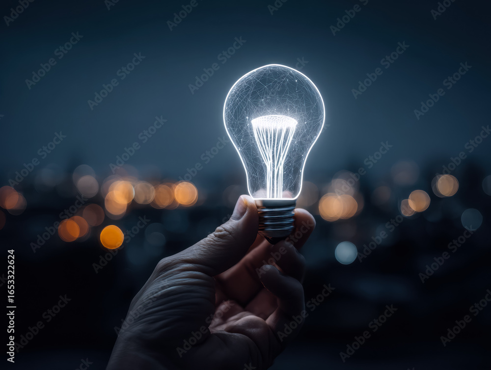 Poster innovative concept of a glowing illuminated light bulb with digital network design in a dark skyline