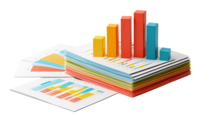 Stack of printed bar charts and graphs, business reports, isolated PNG