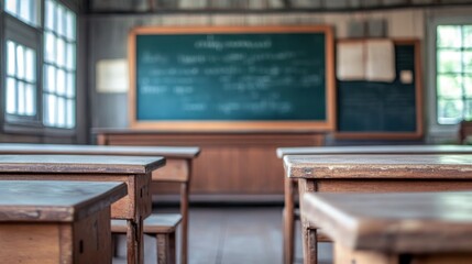 Vintage-style school interior with wooden desks and a chalkboard.