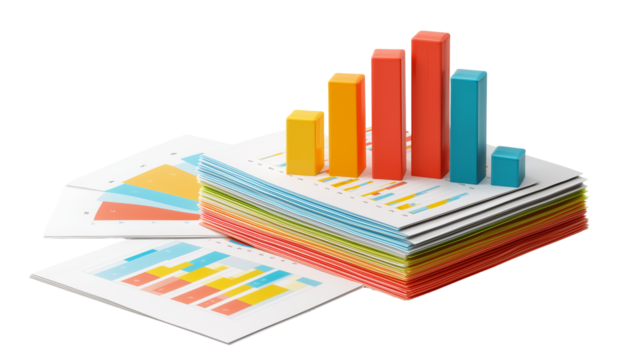 Stack of printed bar charts and graphs, business reports, isolated PNG