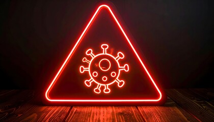 Neon red triangle warning sign with virus symbol