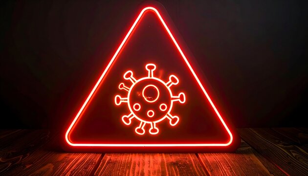 Neon red triangle warning sign with virus symbol
