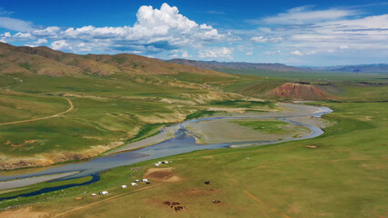 Aerial mountains landscape in Orkhon valley © Kokhanchikov