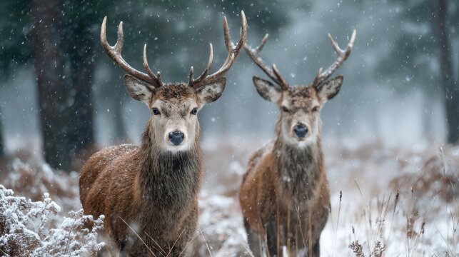 Two majestic Red Deer stags stand in a snowy forest landscape during a winter snowfall