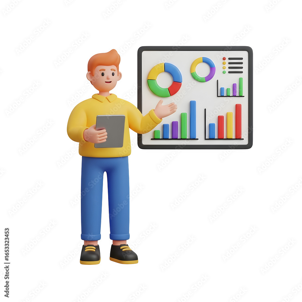 Poster 3d icon of 3d cartoon man presenting business data charts and graphs isolated on transparent backgro