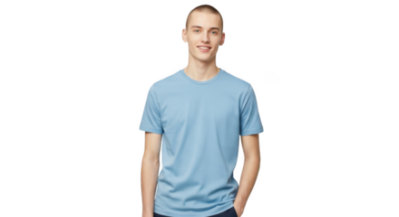 Smiling young man with light brown hair wearing a light blue t shirt standing with hands in pockets isolated on transparent background