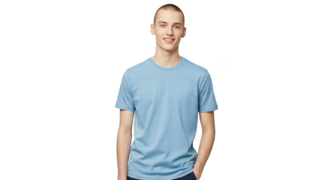 Smiling young man with light brown hair wearing a light blue t shirt standing with hands in pockets isolated on transparent background