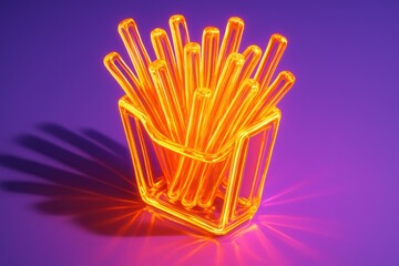 Neon fries in glowing carton on purple. Use for nightlife visuals, party branding, festival promotions and snack culture
