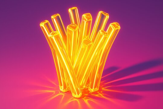 Stylized neon french fries bundle glowing. Use for packaging design, retro diner ads, product branding and creative posters
