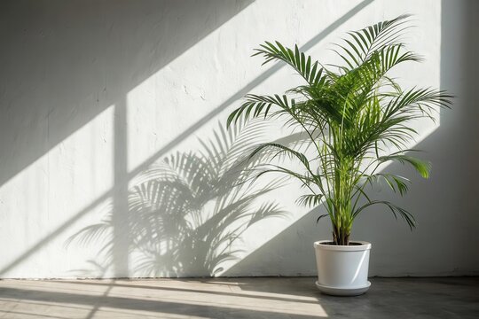 Areca palm in white pot casts shadow on the wall in bright sunlight
