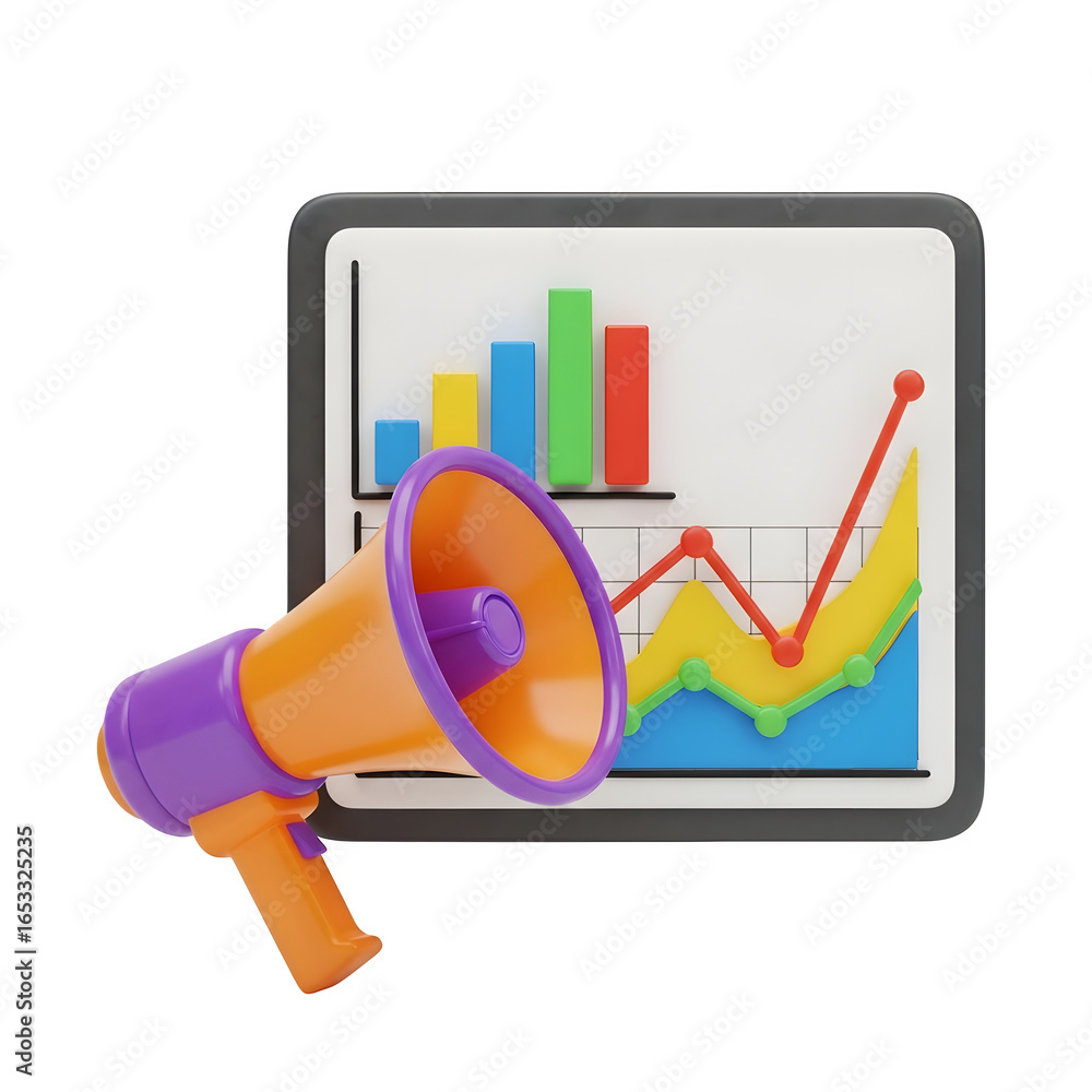 Poster 3d icon of 3d megaphone with colorful bar and line graphs representing business growth and financial