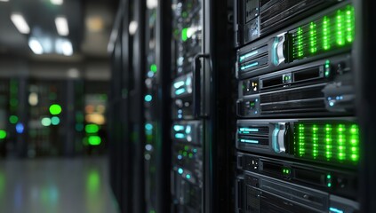 Naklejka premium Close-Up of LED-Illuminated Server Equipment in Office Data Center with Organized Cabinets and White Interior