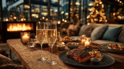 Naklejka premium Festive New Year’s dinner table with champagne glasses, gourmet salmon dish, cozy fireplace and Christmas tree lights creating warm holiday atmosphere