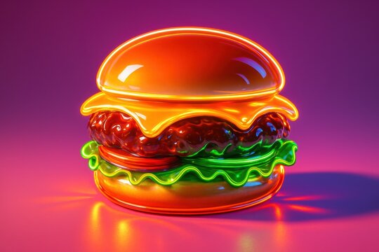 Neon smash burger with lettuce and cheese. Use for restaurant branding, fast food promotions, menu design, and nightlife advertising. 

