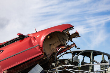 Abandoned rusty car wreck left outdoors. Concept of recycling, environmental pollution, road...