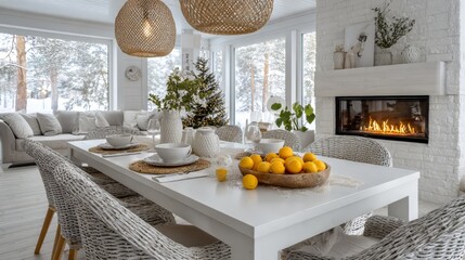 Modern Scandinavian dining room interior with Christmas tree, fireplace, white furniture and festive winter decor in cozy smart home with panoramic windows