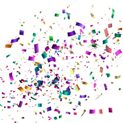 Confetti explosion effect. Multicolored paper streamers floating in celebration. Party background for events.. Isolated on transparent background, png