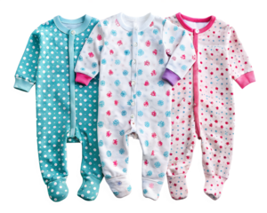 Three baby bodysuits with different patterns and colors, isolated on transparent background