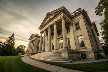 Obraz premium Majestic neoclassical mansion at sunset. A grand historic building with stately columns, representing wealth, history, and education, viewed from a low angle. Generative Ai.