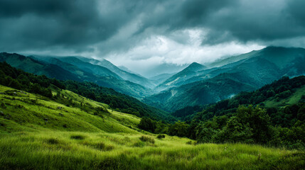 Serene green mountain landscape under stormy skies