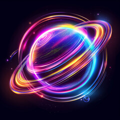 Obraz premium Neon glowing planet. Futuristic space ring design. Digital cosmic art for backgrounds and fantasy projects.