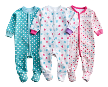 Three baby bodysuits with different patterns and colors, isolated on transparent background