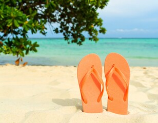 Fototapeta premium Orange flip-flops on a beach