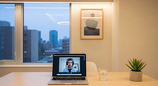 Man having a video call on a laptop in modern office space for remote work and online communication.