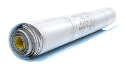 Rolled up blueprint or office plan, realistic isolated on white background 